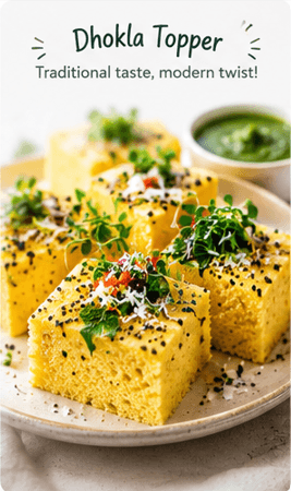 Dhokla topper topped with Sproutiva microgreens