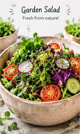 Green salad topped with Sproutiva microgreens